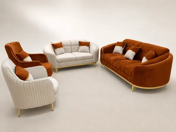 Rust ribbed velvet 3+2 sofa set – three-quarter angle view
