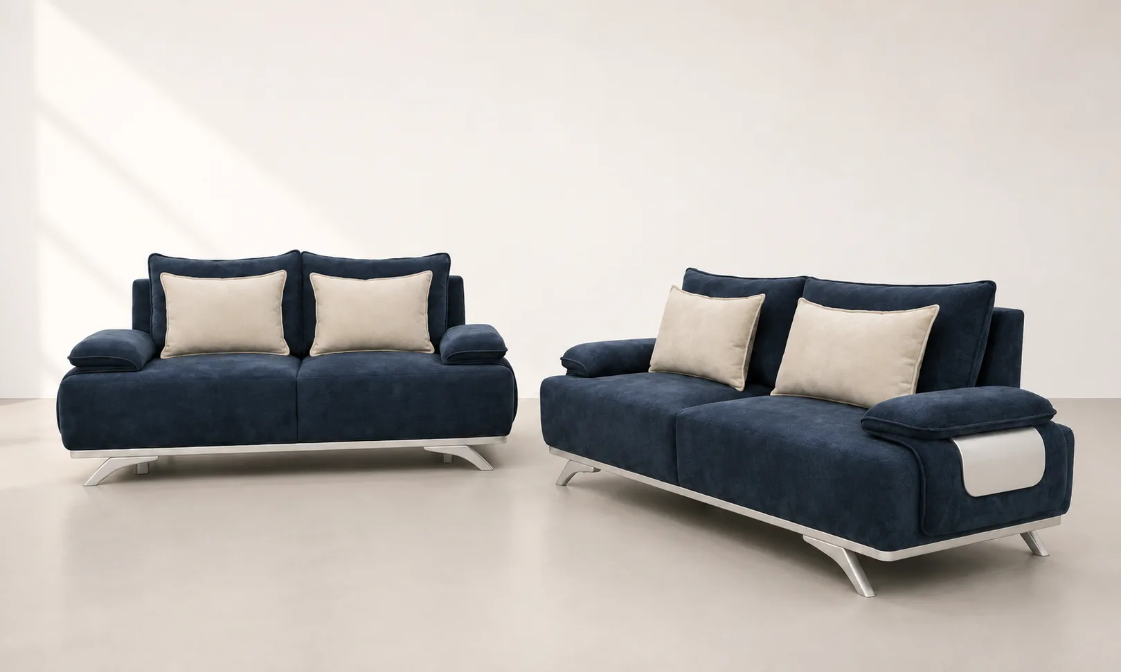 Navy denim 3+2 sofa set in a styled living room