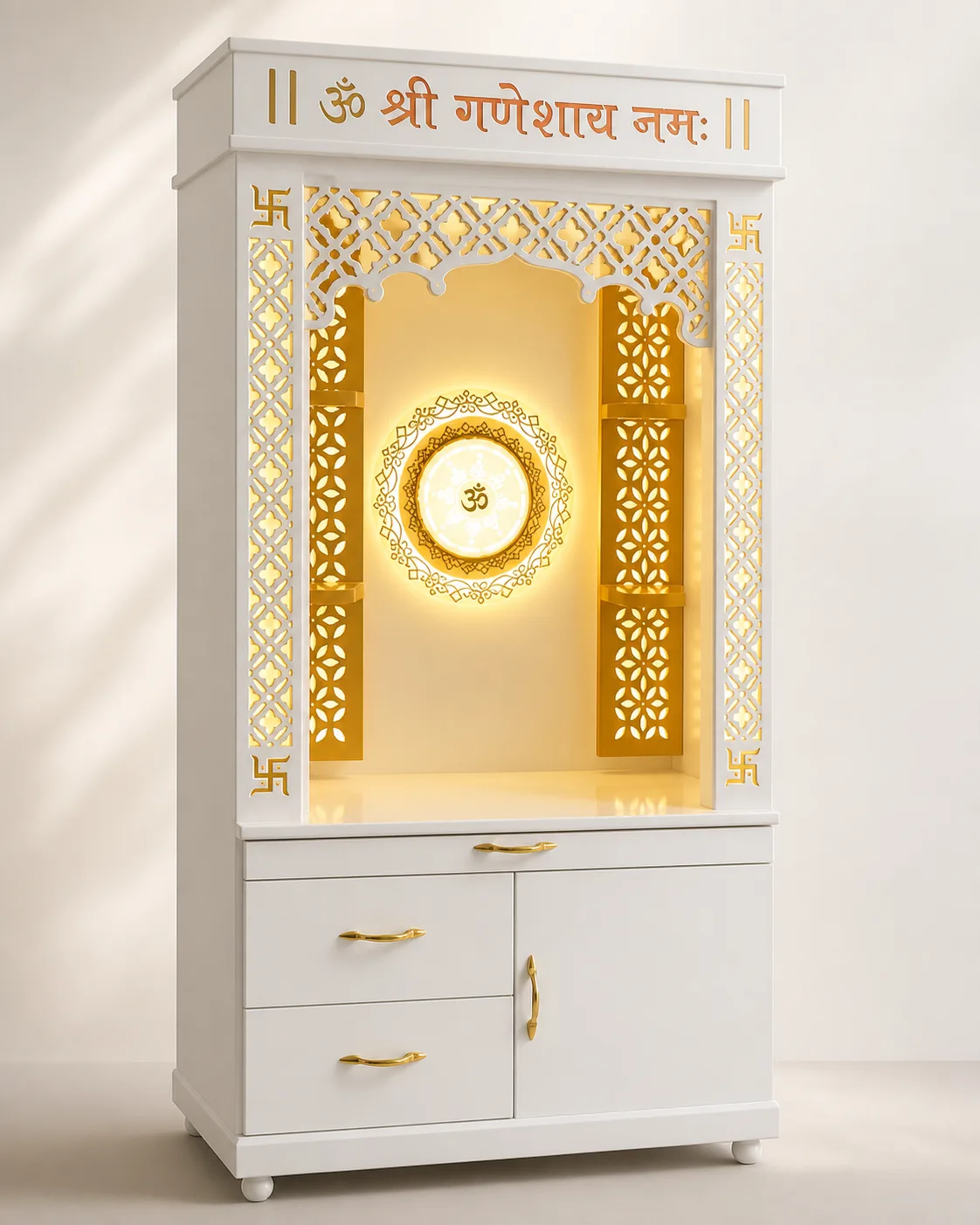 White mandir unit with an Om Shri Ganeshaya Namah header and gold rosette medallion.