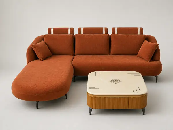Rust terracotta corduroy L-shaped sofa, front view