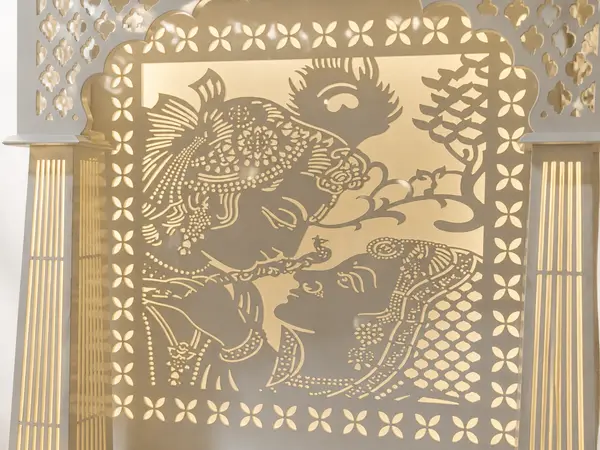 Close-up of the backlit Radha-Krishna jaali panel and reeded pillar