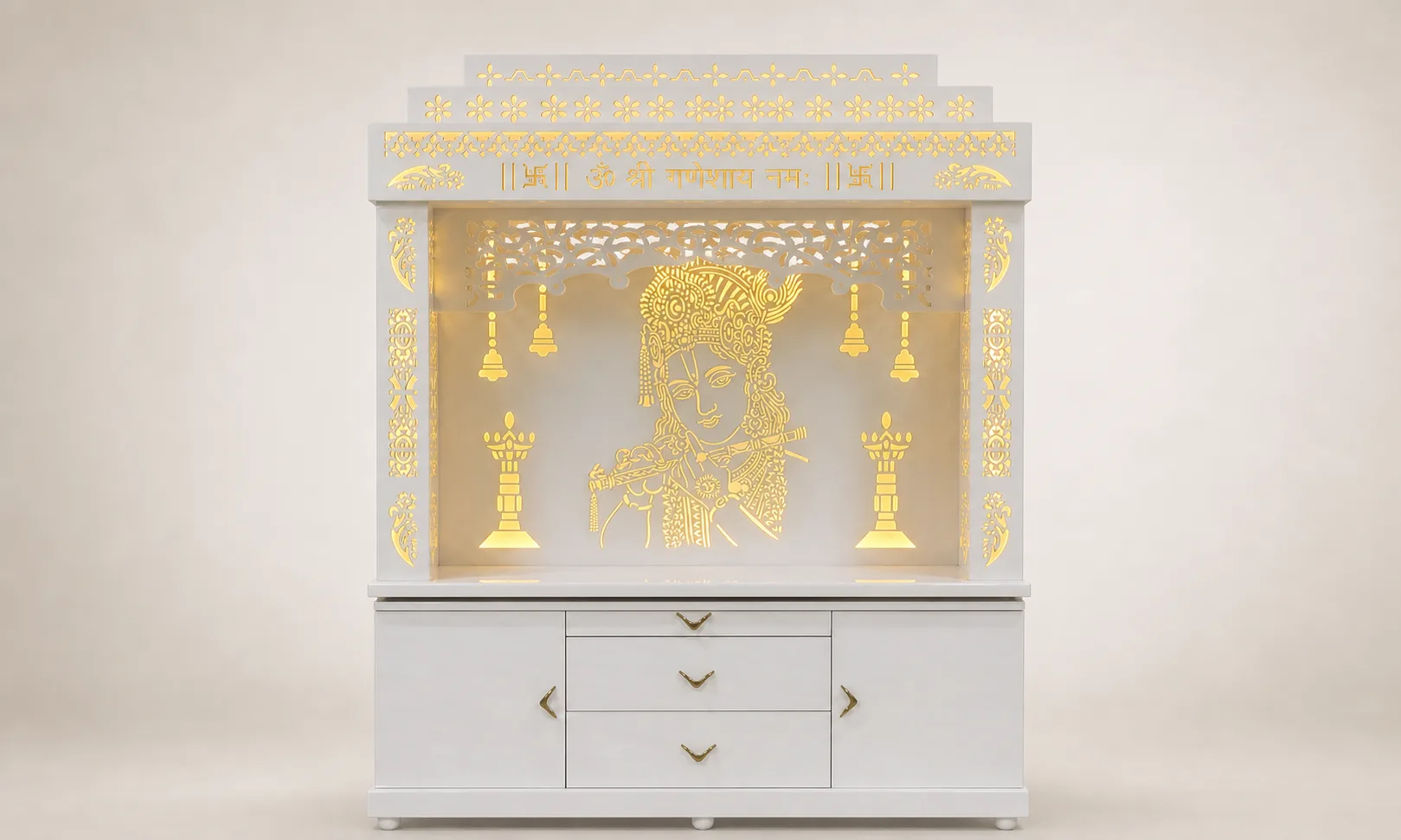White mandir unit with backlit Radha-Krishna lattice panel, carved temple bells and jaali side panels.