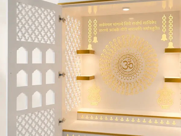 Close-up of the diamond lattice door and gold Om mandala panel