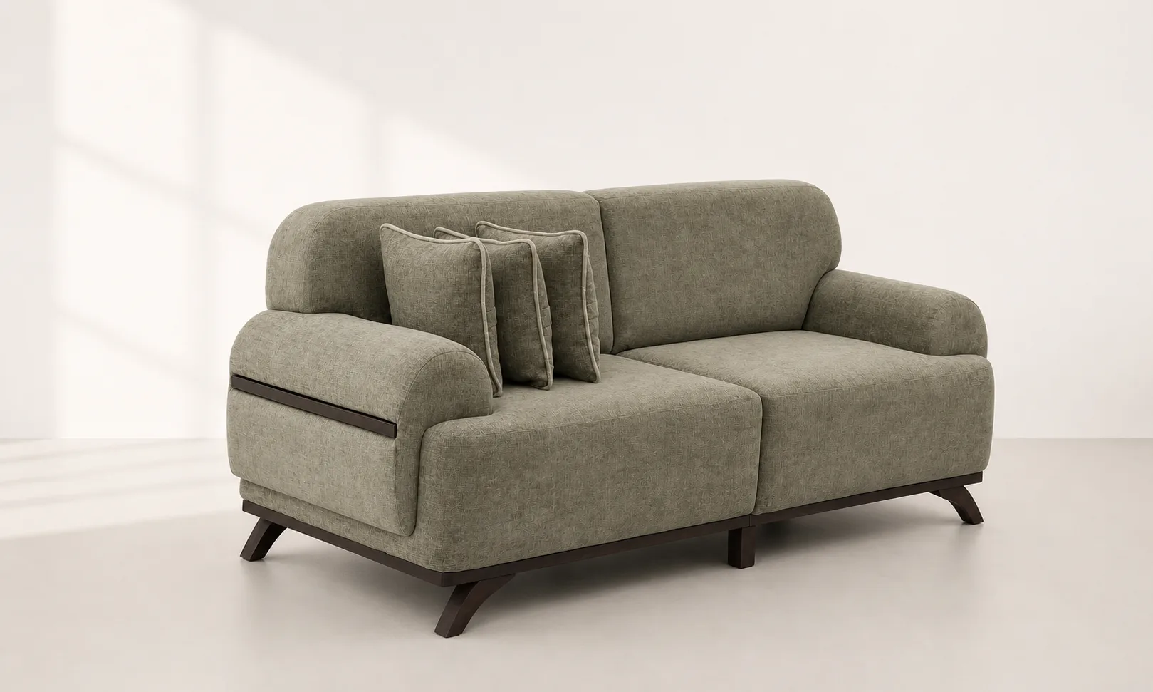 Sage linen weave loveseat in a styled living room