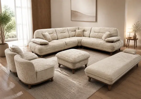 Off-white sectional styled in a living room setting