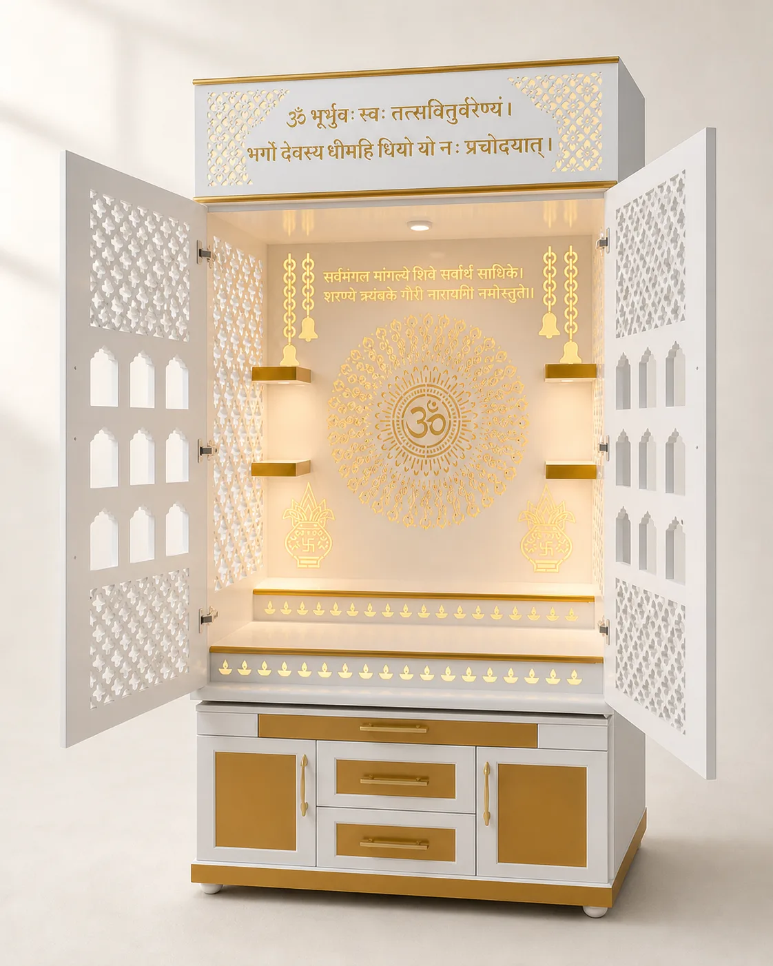 White mandir unit with open diamond-lattice doors, gold Om mandala back panel and carved Gayatri mantra crown.