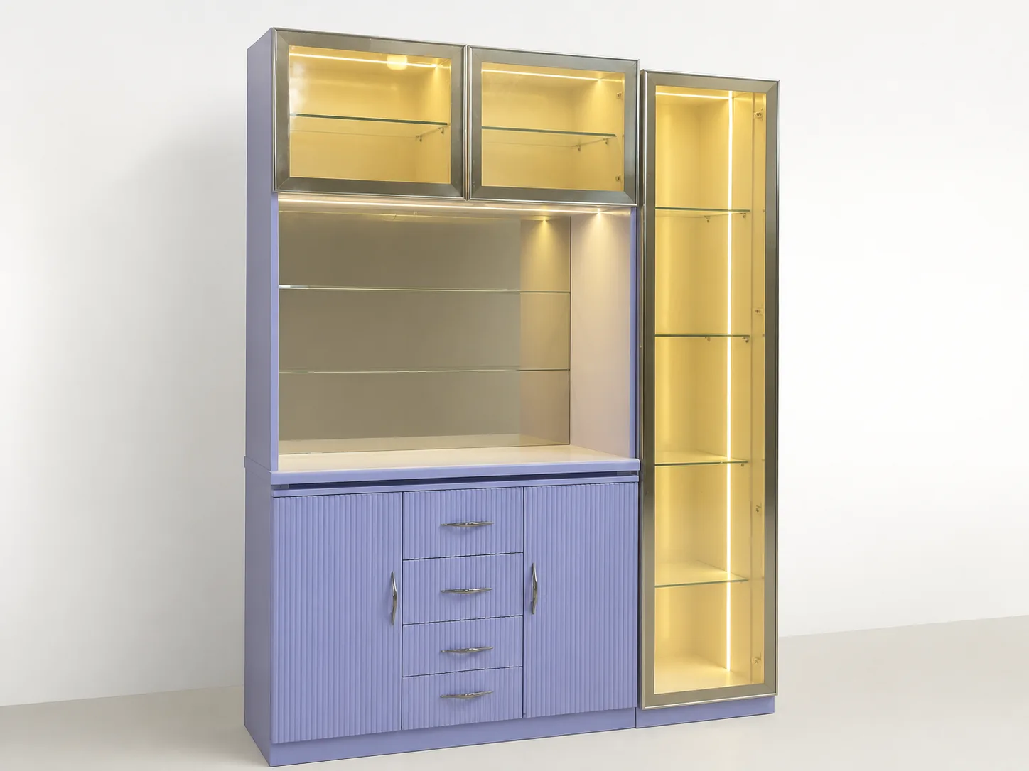 Lavender-blue two-tone crockery unit with glass wall cabinets