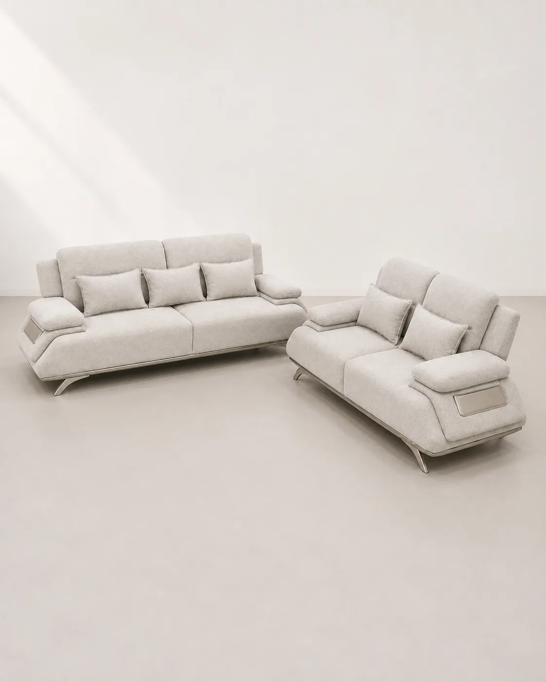 Oatmeal boucle 3+2 sofa set in a styled living room