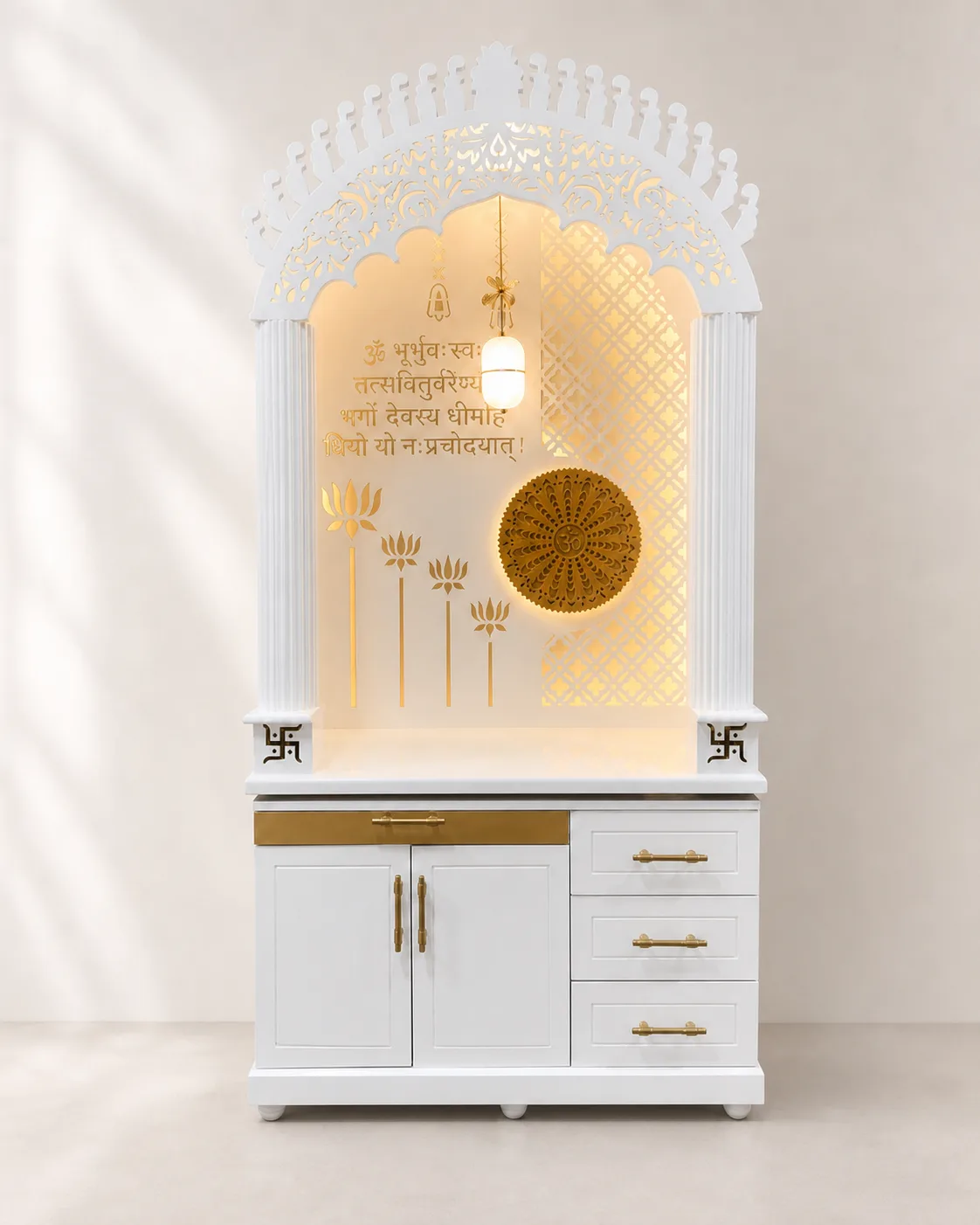 White arched jharokha mandir unit with backlit Gayatri mantra panel and gold sunburst medallion.