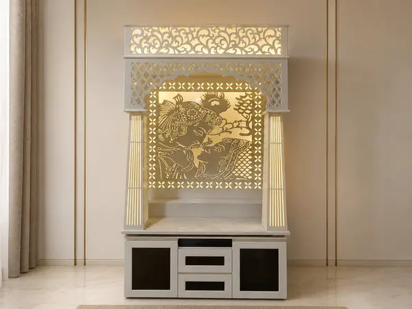 Square Radha-Krishna mandir styled in a home pooja corner