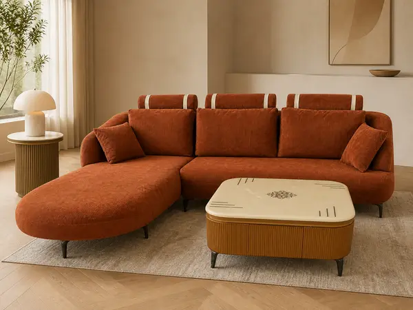 Rust corduroy sofa styled in a living room setting