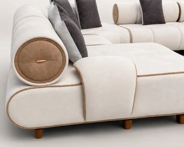Close-up of tubular bolster backrest detail on off-white sofa