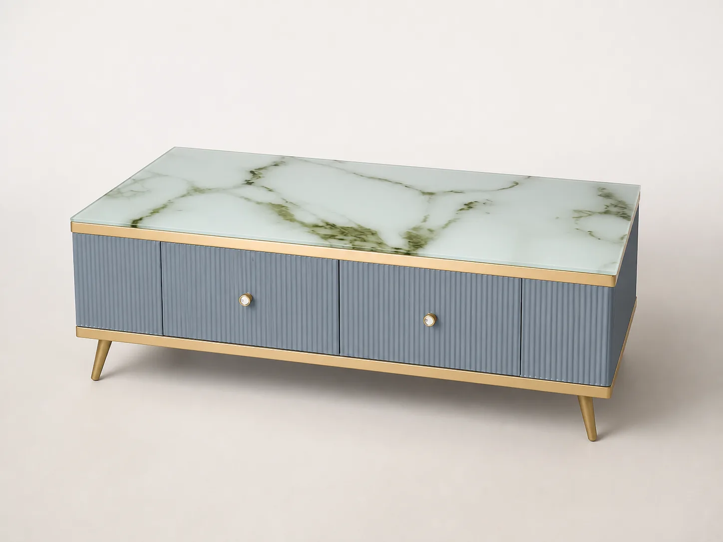 Blue-grey center table with marble-effect top and gold trim