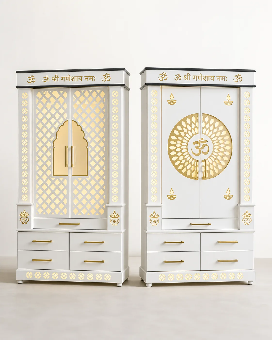Pair of matching white mandir units, one with closed jaali doors and one with an open gold Om medallion panel.