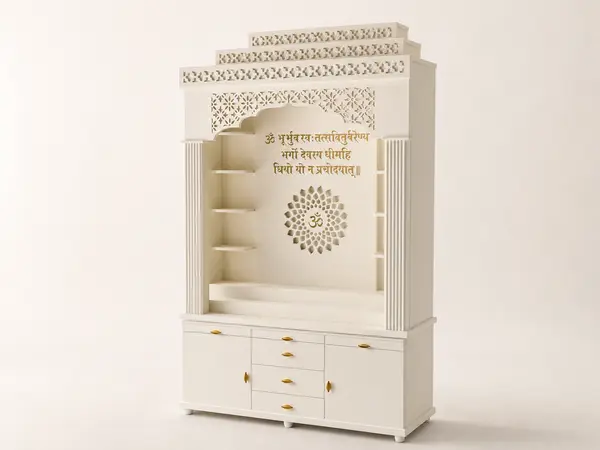 Cream scalloped fretwork mandir unit, three-quarter angle
