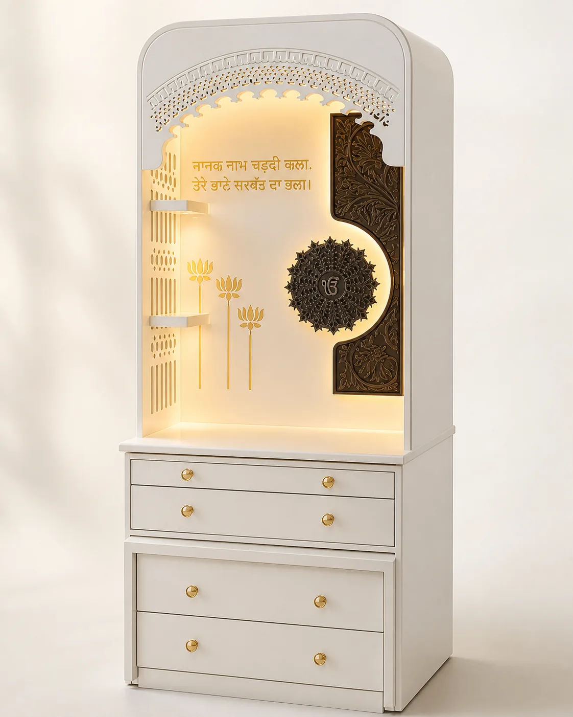 White mandir unit with a dark half-round jaali medallion and backlit mantra panel.