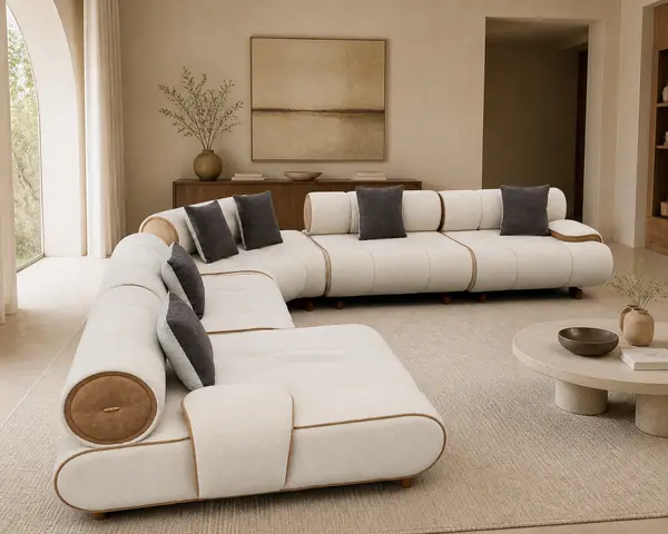Off-white sofa styled in a living room setting