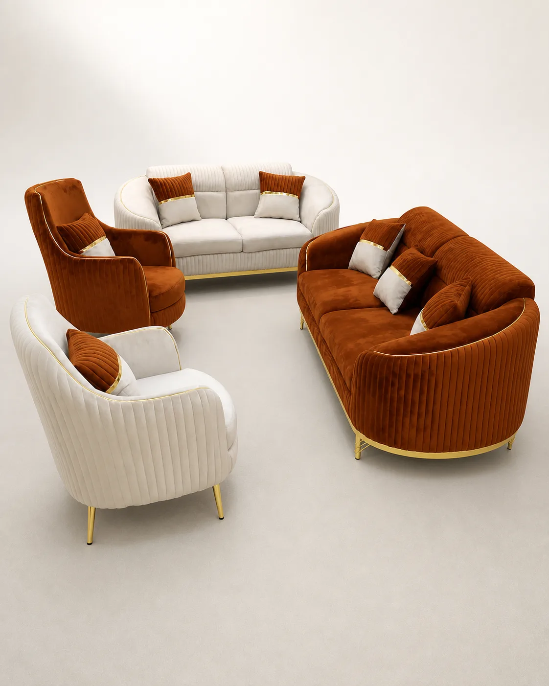 Rust ribbed velvet 3+2 sofa set in a styled living room