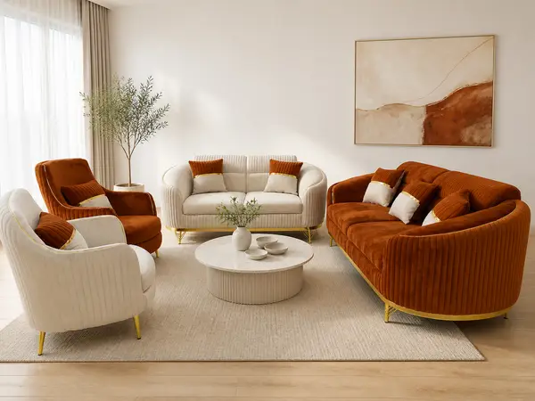 Rust ribbed velvet 3+2 sofa set – styled in a living room setting