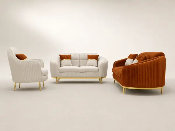 Rust ribbed velvet 3+2 sofa set – side profile view