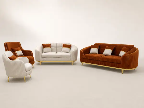 Rust ribbed velvet 3+2 sofa set – front straight-on view