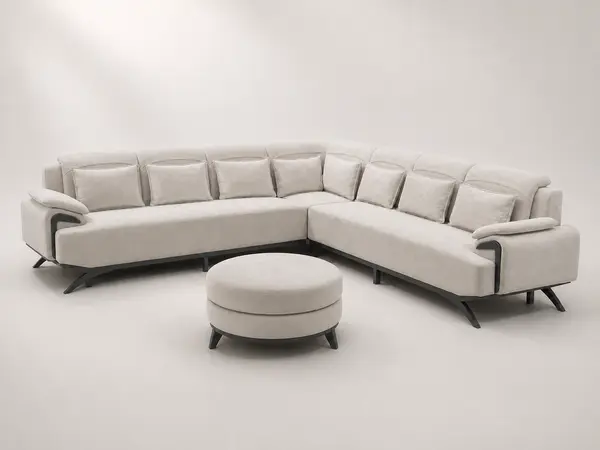 Cream channel-tufted sectional, three-quarter angle