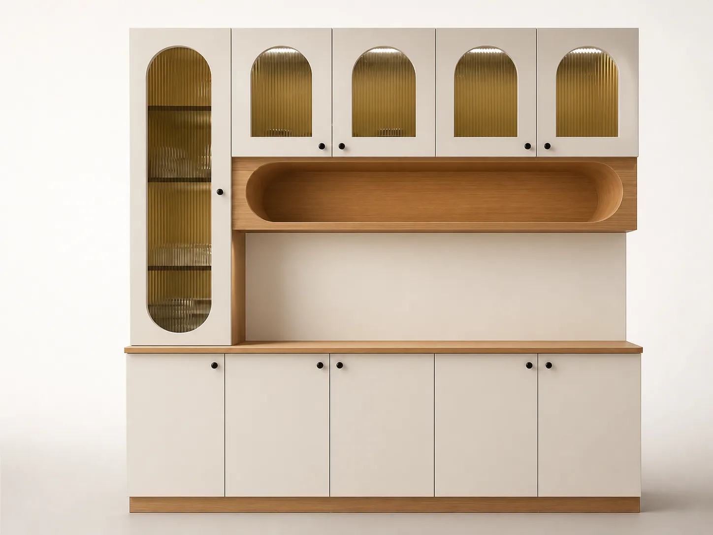 Cream lacquer wall unit with arched fluted-glass cabinets
