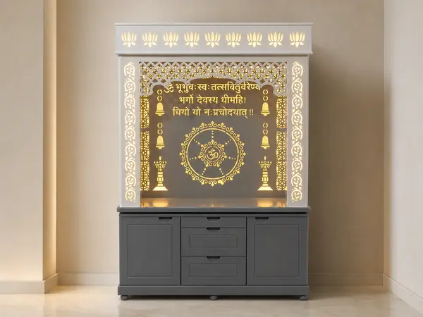 Graphite mandir styled in a home pooja corner