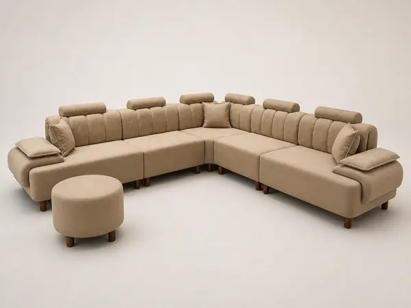 Taupe diamond-stitched channel sofa, three-quarter angle