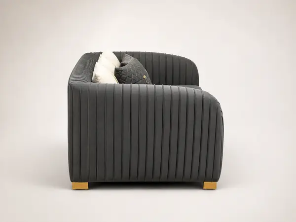 Charcoal velvet pleated-arm loveseat – side profile view