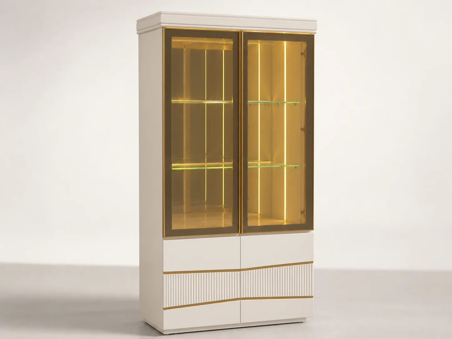 White lacquer crockery unit with bronze glass doors and gold wave band