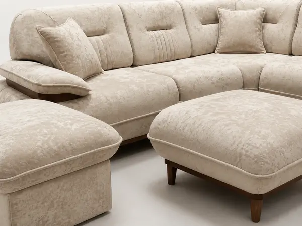 Close-up of textured fabric on off-white sectional