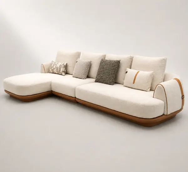 Cream boucle sofa, three-quarter angle