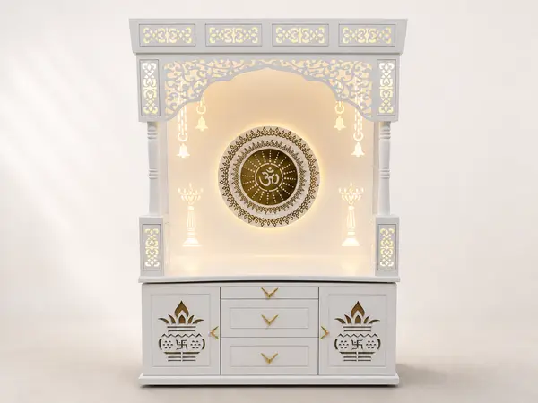 Round mandala mandir unit with kalash motifs, front view