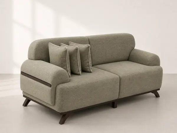 Sage linen weave loveseat – three-quarter angle view