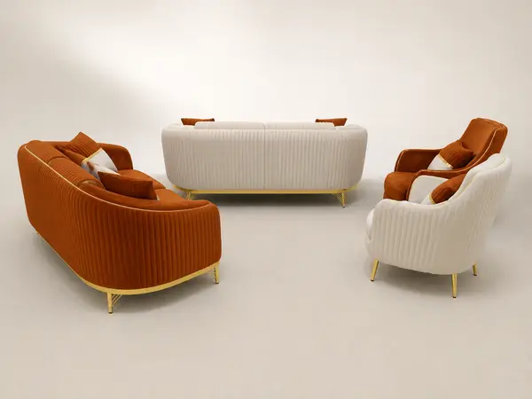 Rust ribbed velvet 3+2 sofa set – back view