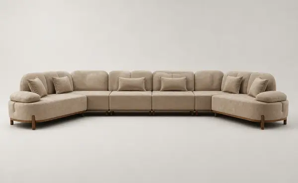 Tan extra-long U-shaped sectional, front view