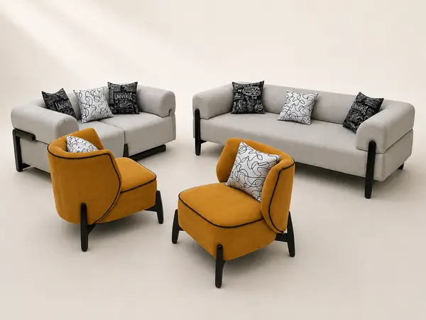 Grey woven sofa set with mustard accent chairs