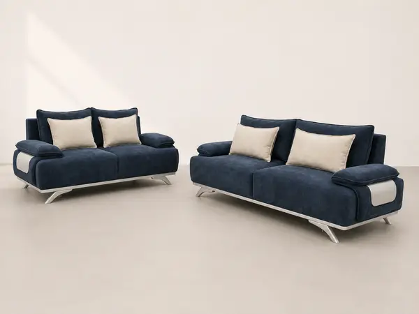 Navy denim 3+2 sofa set – three-quarter angle view
