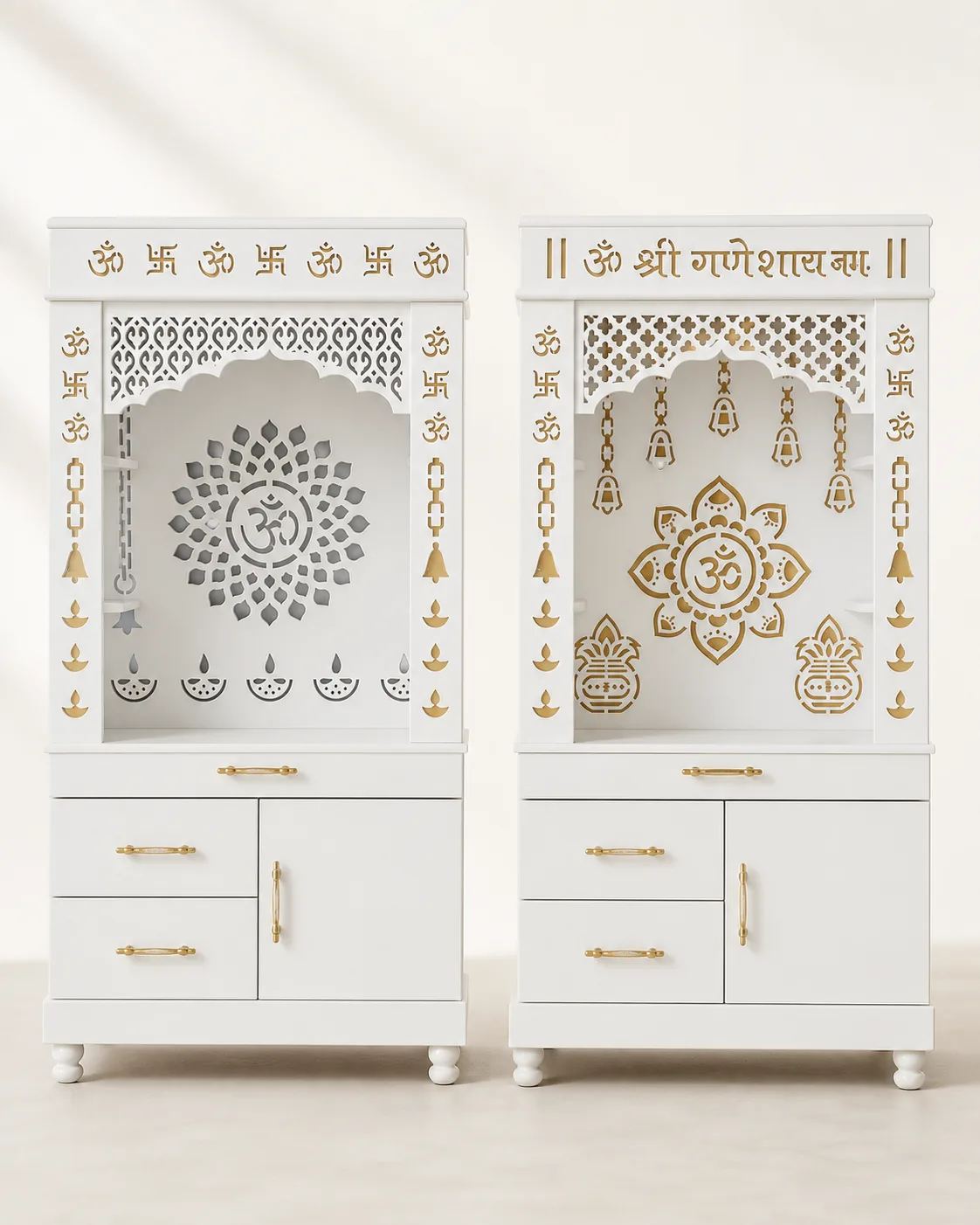 Pair of white mandir units with lotus mandala and Om mandala panels and swastik headers.