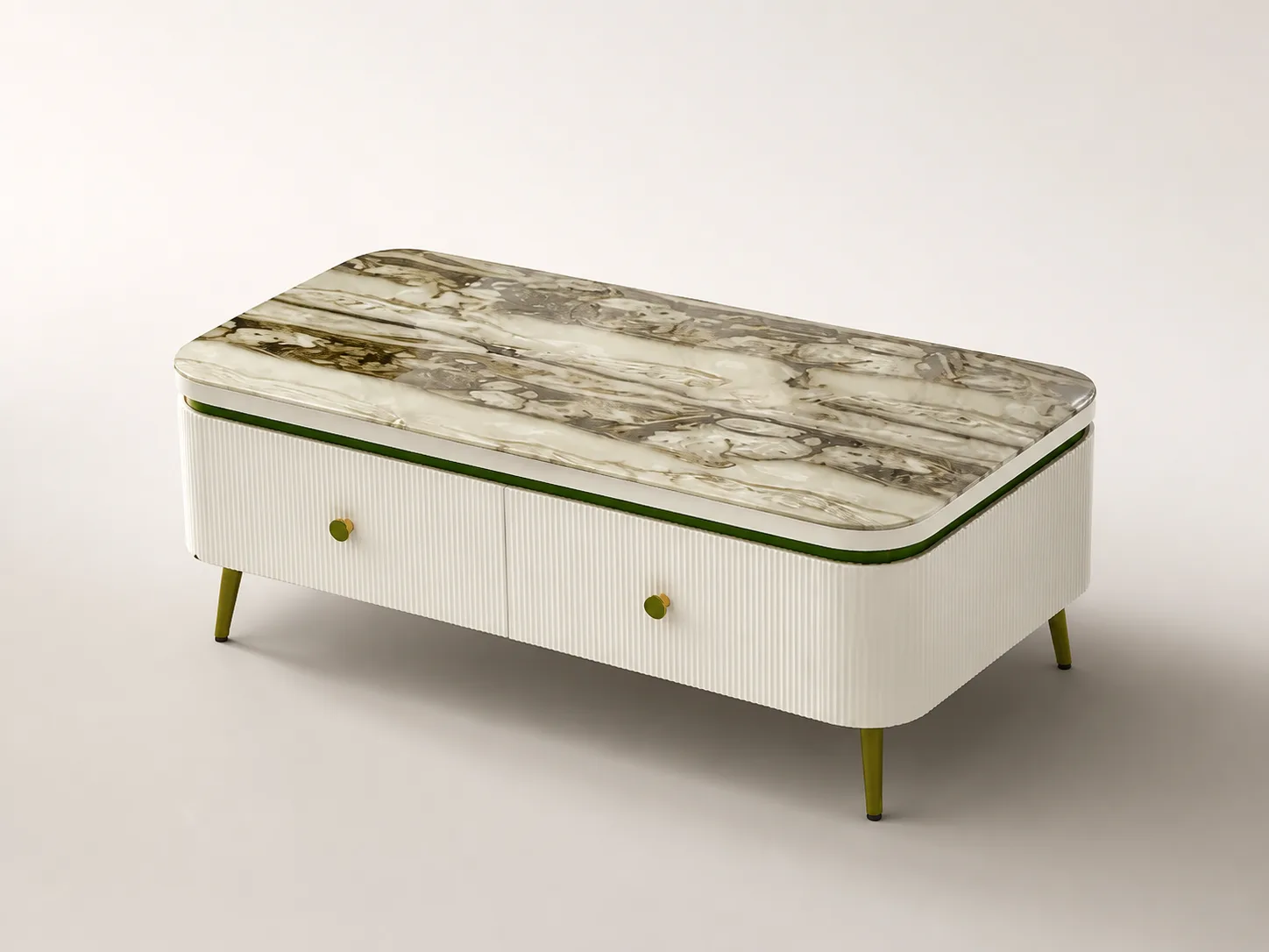 Striated marble center table with white fluted base and olive accents.