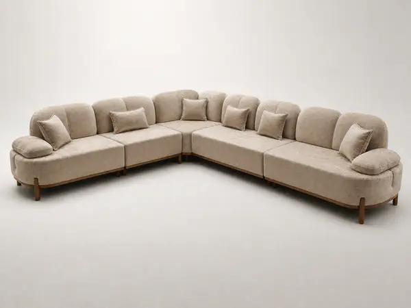 Tan U-shaped sectional, three-quarter angle