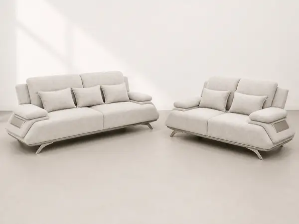 Oatmeal boucle 3+2 sofa set – three-quarter angle view