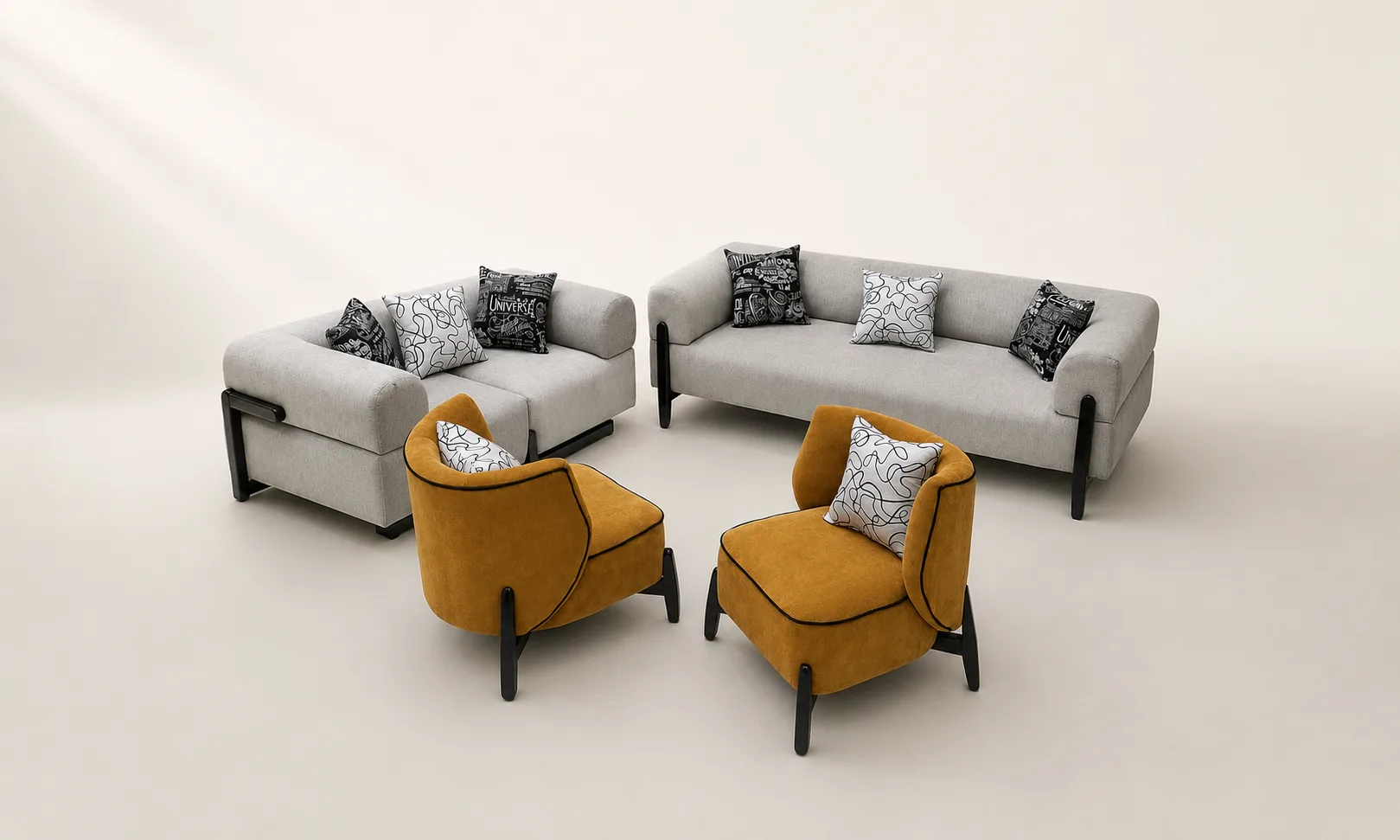 Grey woven 3+2 sofa set with mustard accent chairs in a styled living room