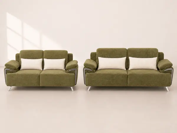 Olive green textured sofa pair – front straight-on view