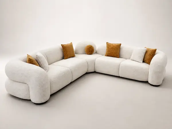 Off-white boucle curved sectional – three-quarter angle view
