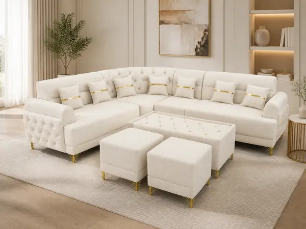 Off-white boucle sofa set styled in a living room setting