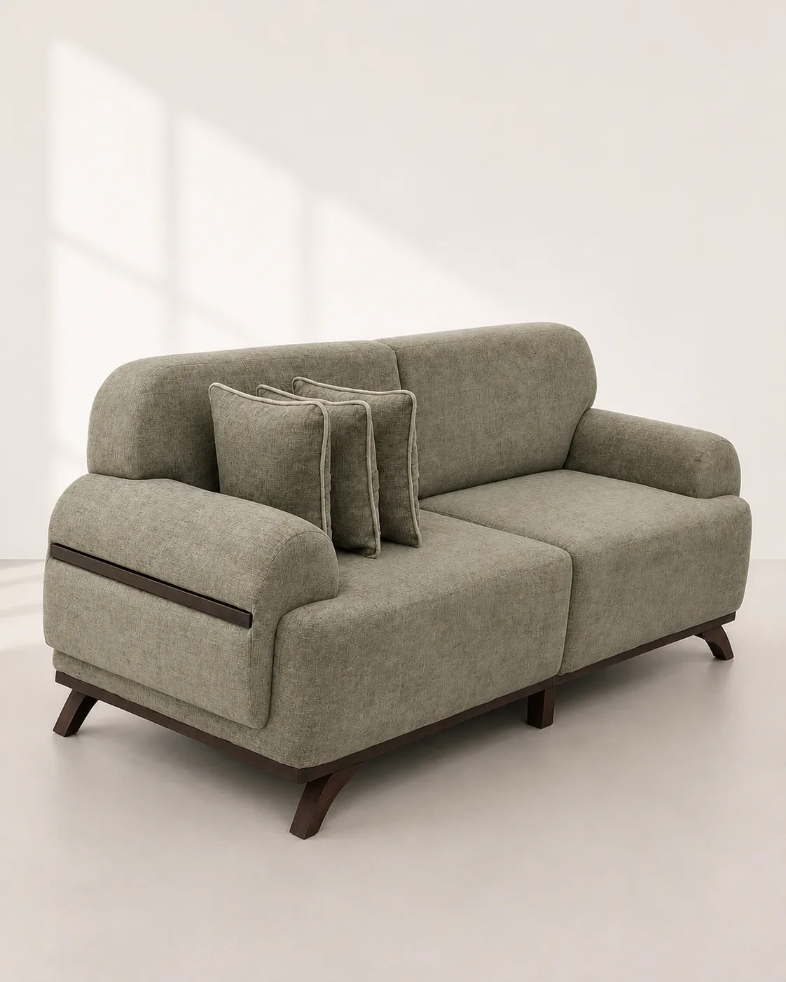 Sage linen weave loveseat in a styled living room