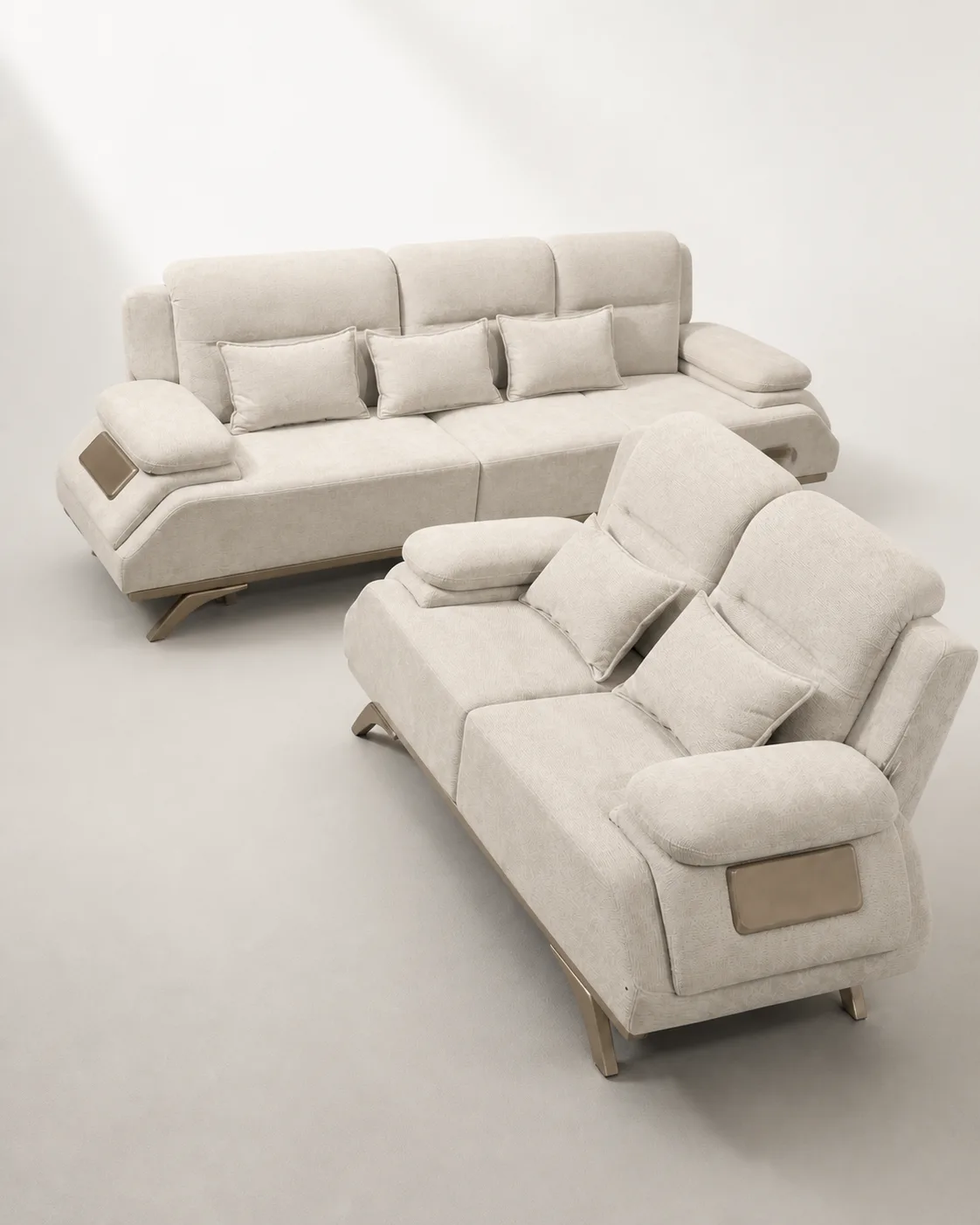 Stone grey sectional sofa pair in a styled living room
