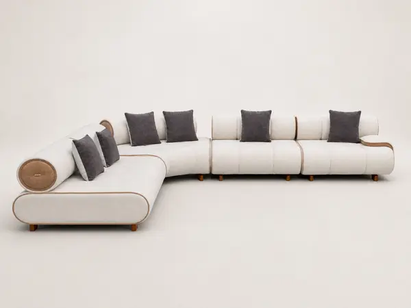 Off-white L-sofa with tubular bolster backrests, front view
